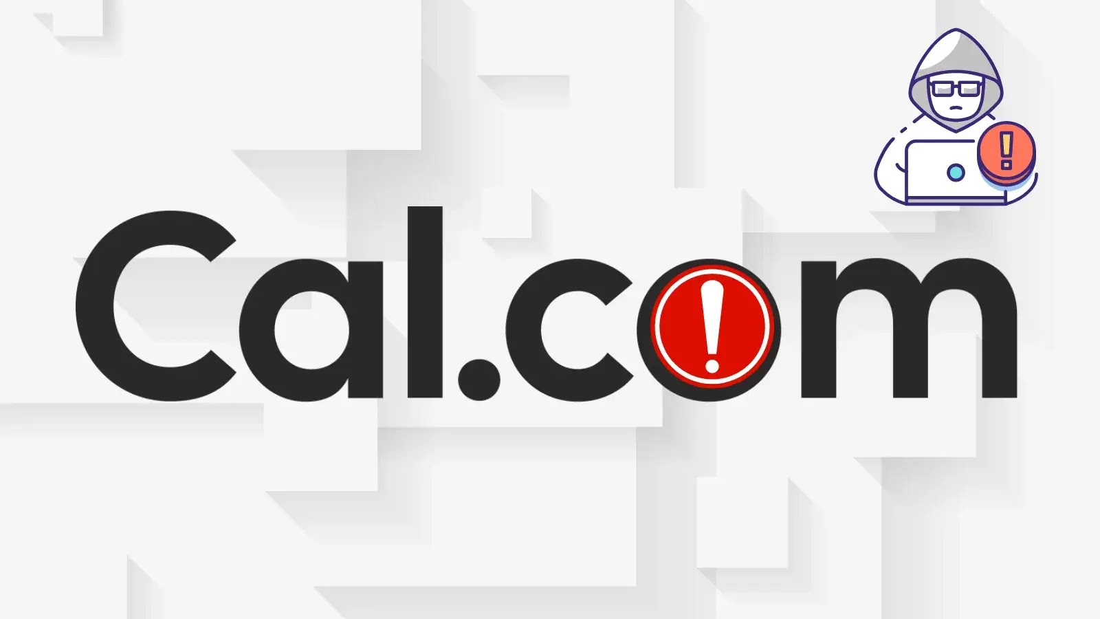 The Cal.com logo with the letter o replaced by a red exclamation mark. In the top right corner, there is a purple outline icon of a person at a laptop with a shield and exclamation mark symbol.
