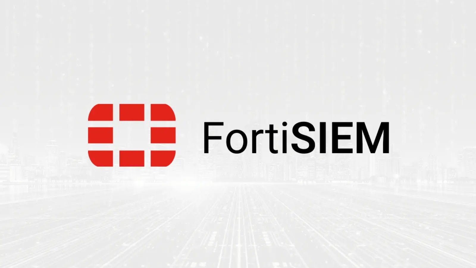The image displays the FortiSIEM logo, featuring a red geometric symbol on the left and the text FortiSIEM in black on a light, abstract digital background.