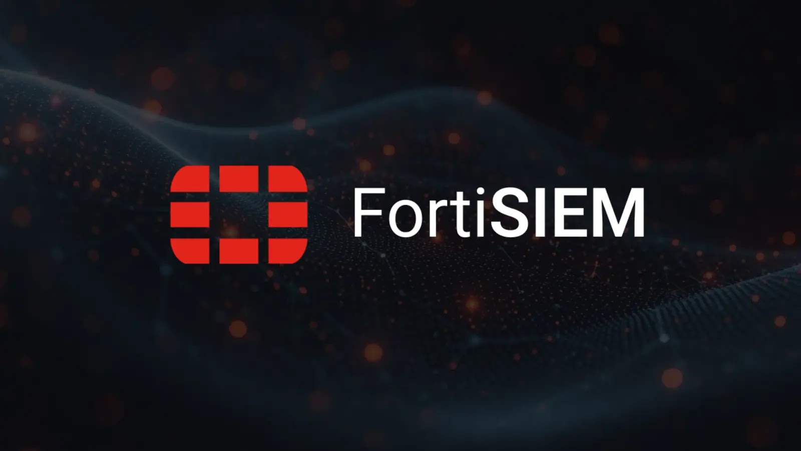 Fortinet’s red shield logo next to the word “FortiSIEM” in white text on a dark background with glowing red dots, suggesting technology or cybersecurity themes.