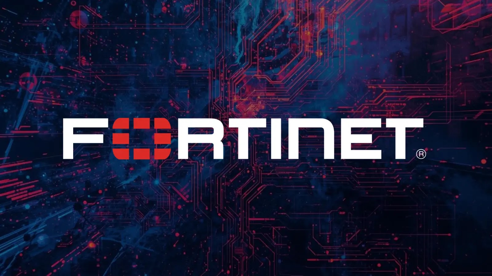 The image features the Fortinet logo in white and red against a dark background with red circuit board patterns and blue light effects, suggesting technology and cybersecurity themes.
