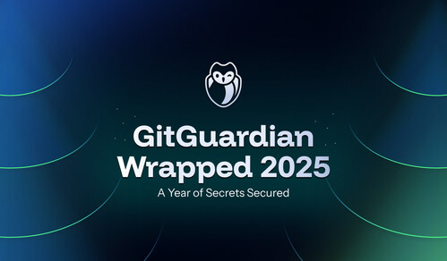 Dark gradient background with an owl logo above the text GitGuardian Wrapped 2025: A Year of Secrets Secured in white, stylized font. Green curved lines are faintly visible on the sides.