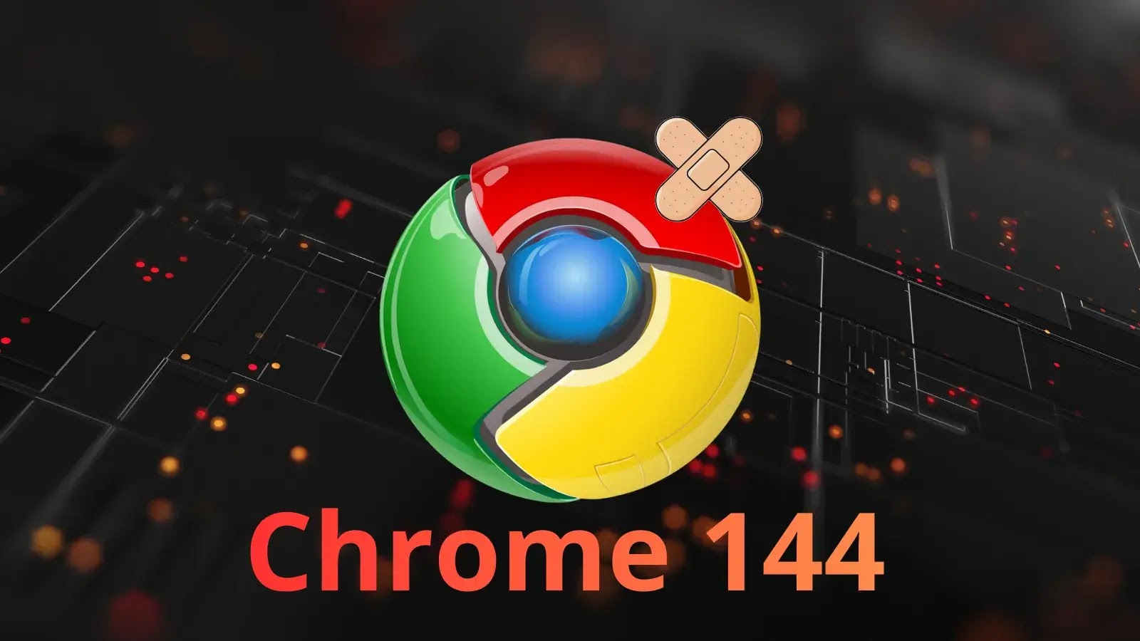 A Chrome browser logo with a bandage on it appears above the text Chrome 144 on a dark, circuit-like background with glowing orange and red dots.
