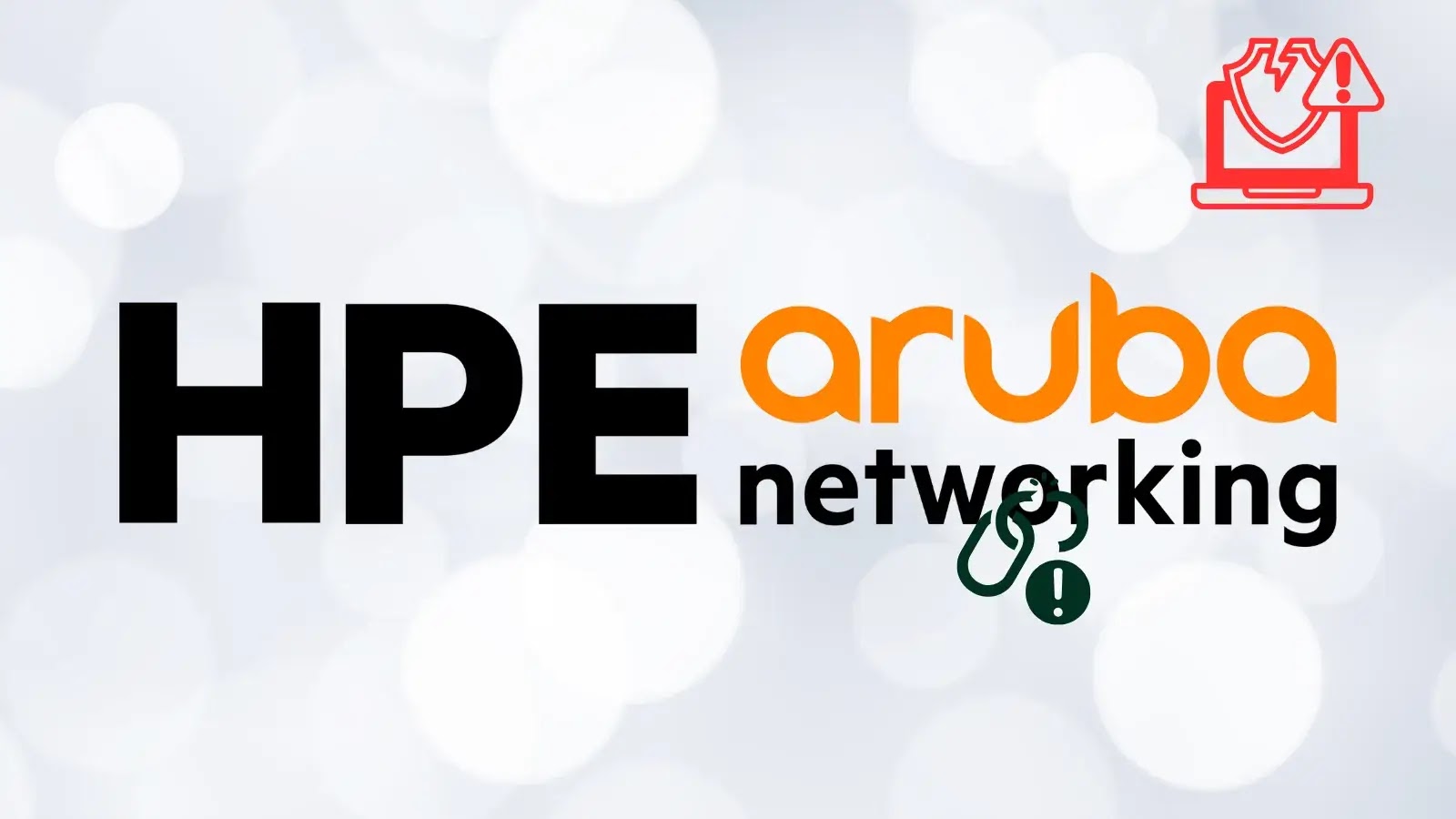 HPE Aruba Networking logo on a light blurred background, with a red warning icon of a server and exclamation mark in the upper right corner.