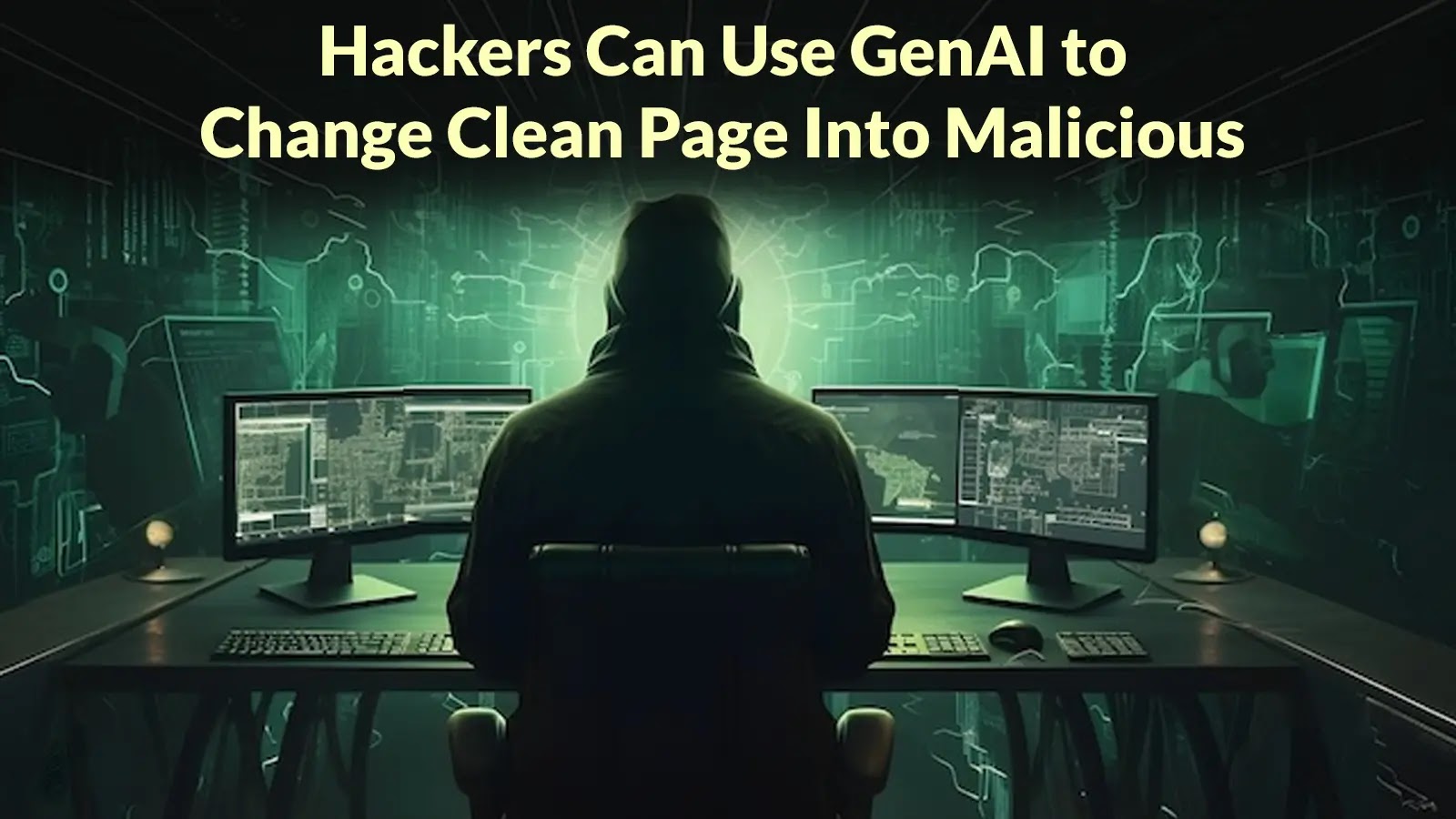 Hackers Can Use GenAI to Change Loaded Clean Page Into Malicious within Seconds A person in a dark hoodie sits at a desk with multiple computer monitors displaying code, with the text “Hackers Can Use GenAI to Change Clean Page Into Malicious” above them. The background features digital graphics and circuitry.