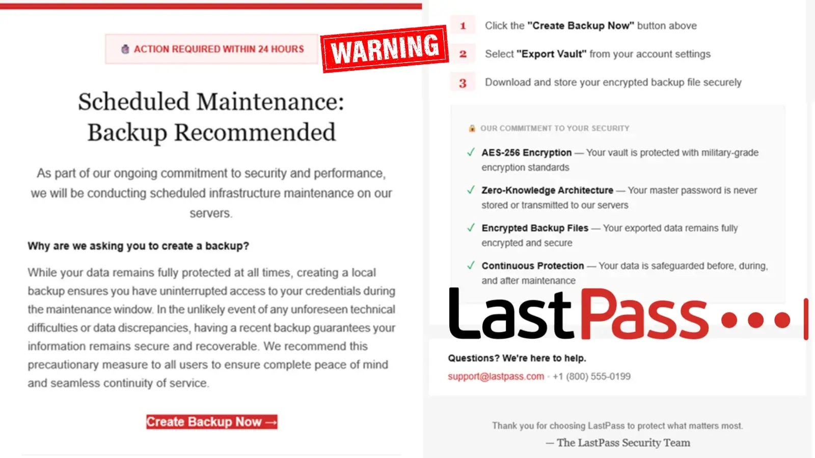 LastPass Warns of Fake Maintaenance message Trcking Users to Steal Master passwords (1) A warning notice from LastPass urges users to create a backup due to scheduled maintenance. Steps for creating a backup and security features are listed, with a prominent red Create Backup Now button and the LastPass logo at the bottom.