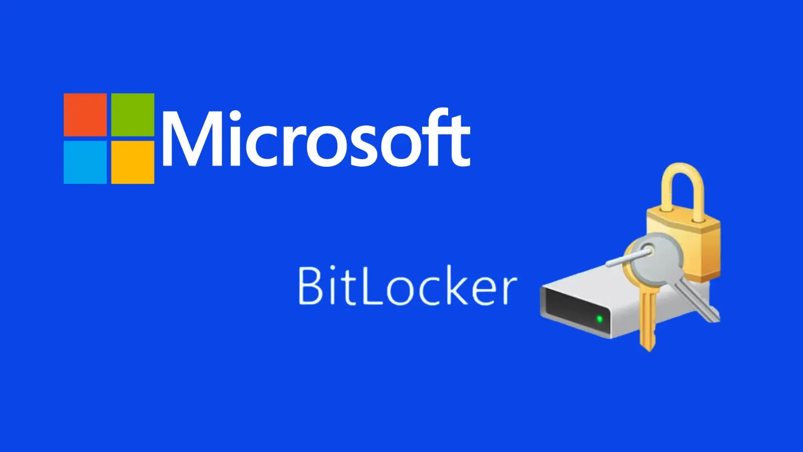 Microsoft Shares BitLocker Keys Blue background with the Microsoft logo and text BitLocker. To the right, an illustration of a hard drive secured with a gold padlock, representing Microsofts BitLocker encryption feature.