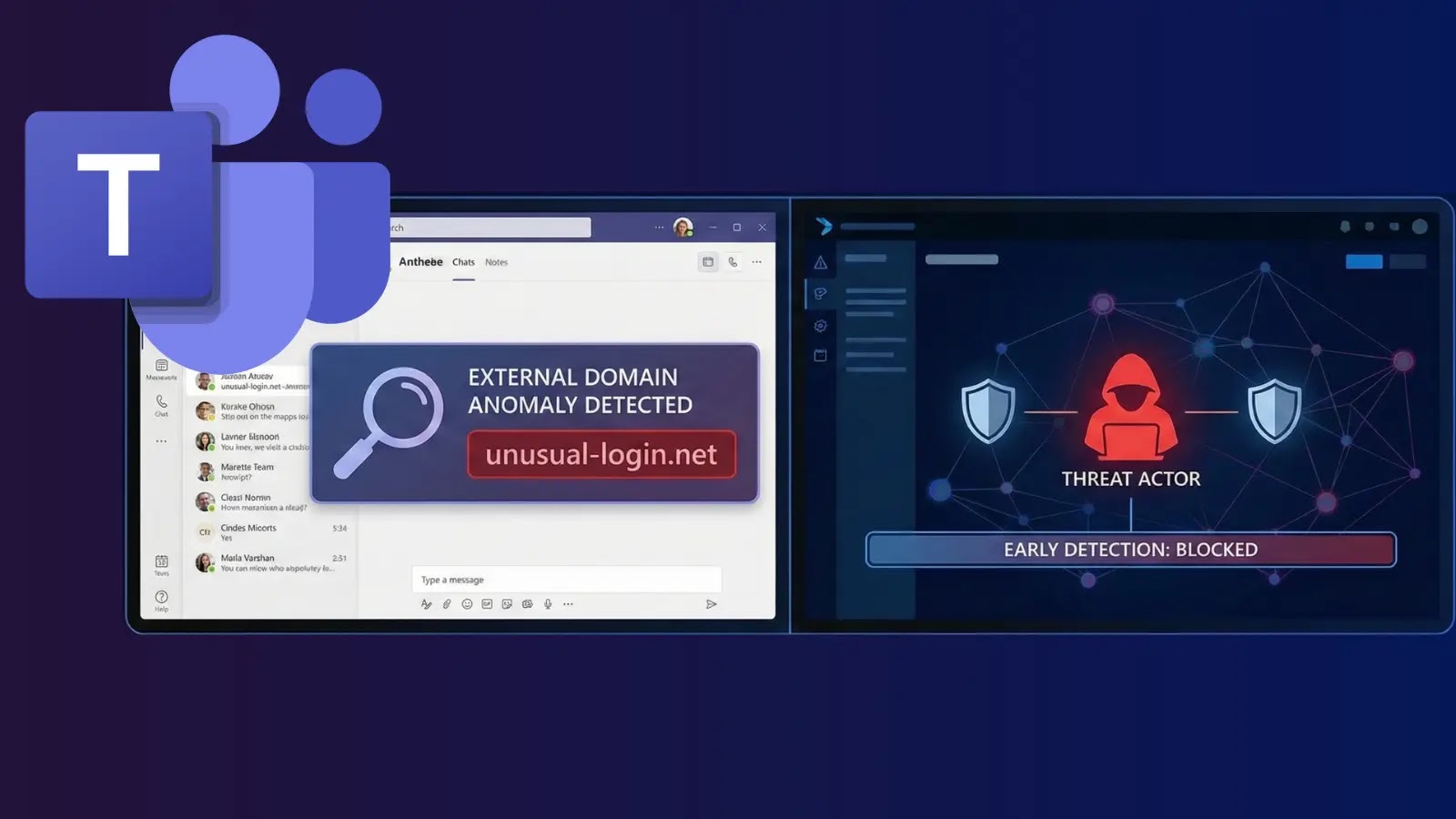 A split screen shows Microsoft Teams with an alert for EXTERNAL DOMAIN ANOMALY DETECTED and another display showing a THREAT ACTOR warning, indicating early detection and blocking of a cybersecurity threat.