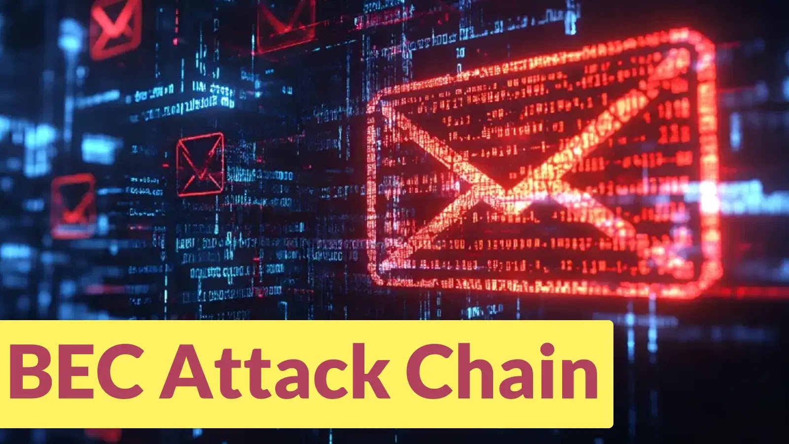 A digital illustration of glowing red email icons surrounded by binary code, symbolizing cyber threats, with the text BEC Attack Chain in bold letters on a yellow banner at the bottom.