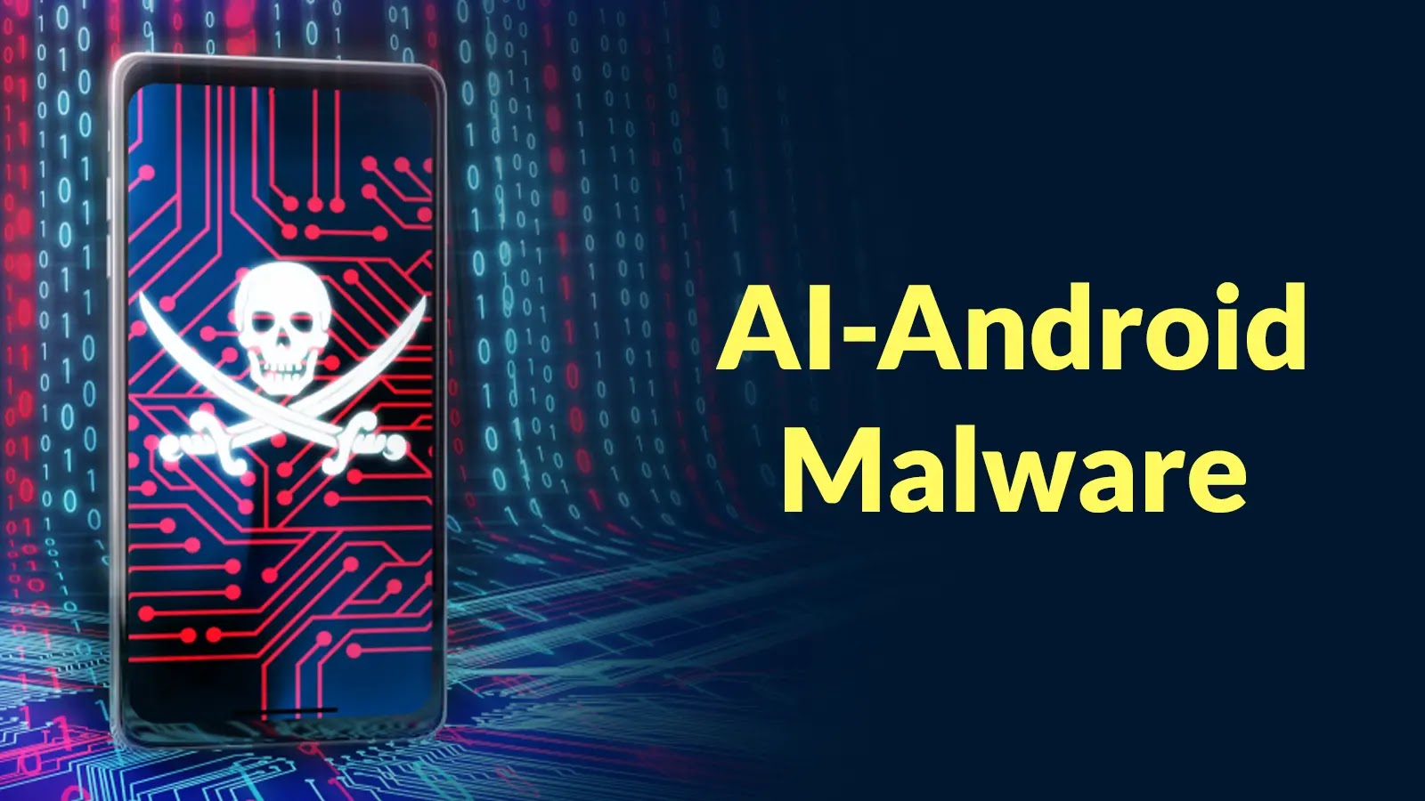 A smartphone with a skull and crossbones on its screen is displayed against a digital background, alongside the text AI-Android Malware in yellow.