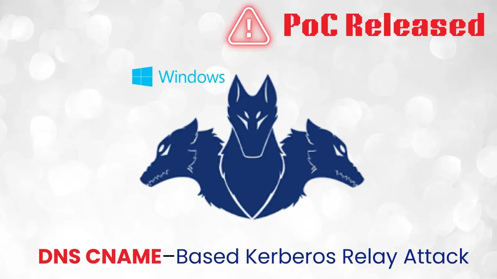 A graphic shows a three-headed wolf, a Windows logo, a warning symbol, and red text reading “PoC Released.” Below is the title: “DNS CNAME-Based Kerberos Relay Attack.”.