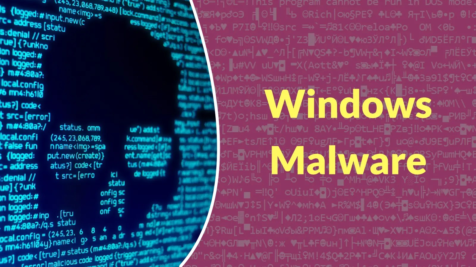 New Multi-Stage Windows Malware Disables Microsoft Defender Before Dropping Malicious Payloads A digital skull silhouette appears on a screen filled with blue computer code, beside a maroon background with yellow text reading Windows Malware.