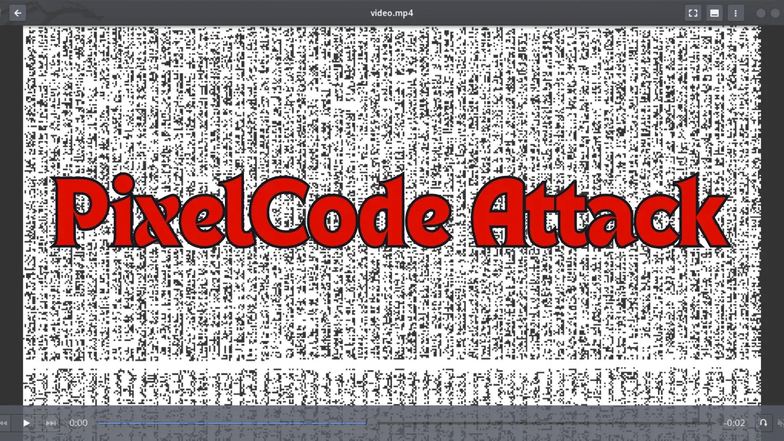 Large red text reading PixelCode Attack is centered over a background of black and white pixelated static. The image appears to be a still frame from a video player.