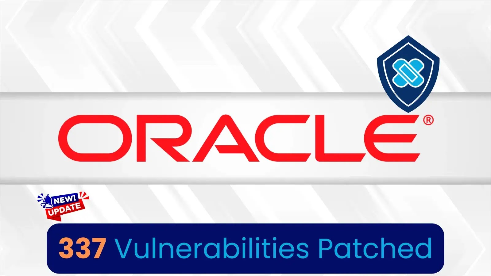 The image features the Oracle logo in red with a blue shield icon, and text below stating 337 Vulnerabilities Patched. A New Update label appears in the bottom left corner.