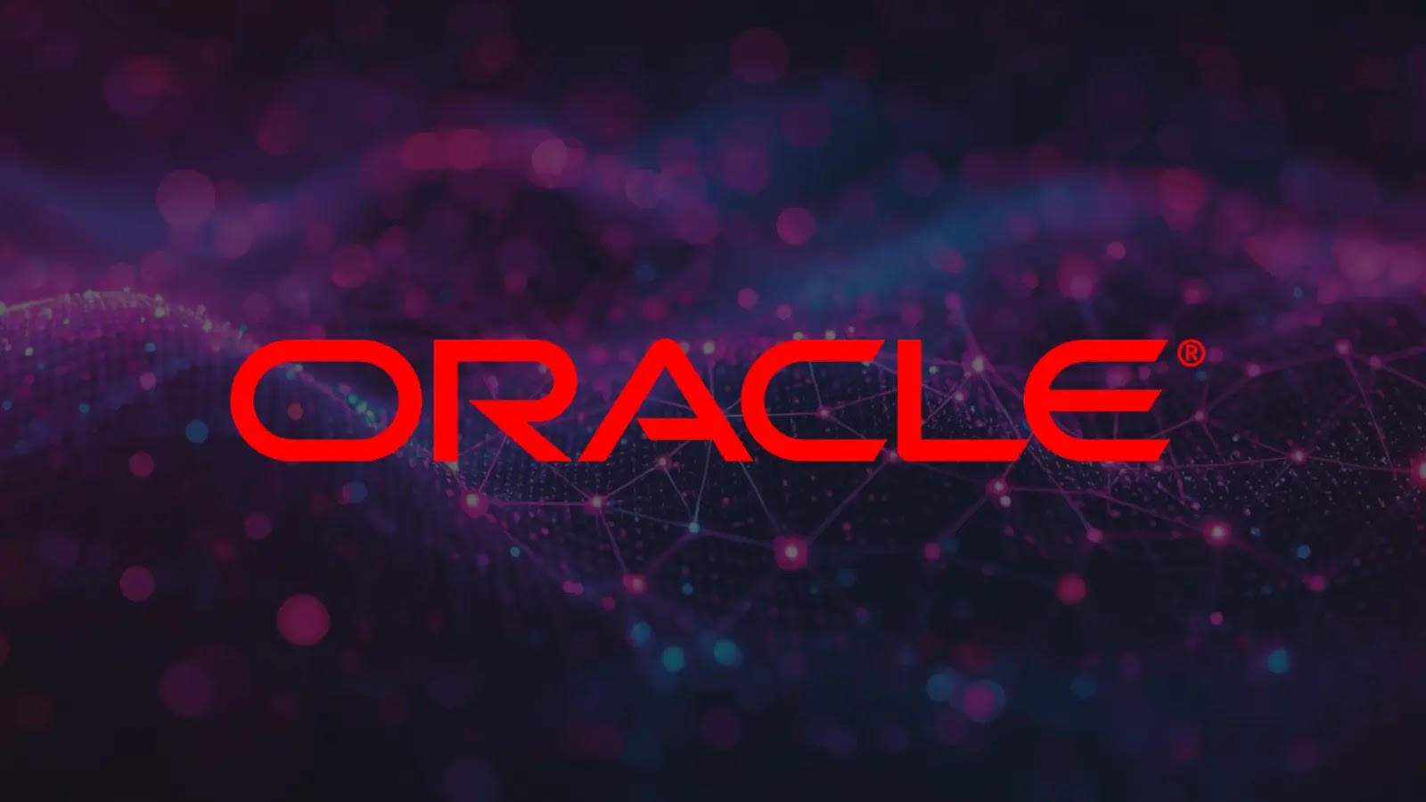 The image features the word ORACLE in bold red letters at the center, set against a dark background with abstract purple and blue network-like light patterns and glowing dots.