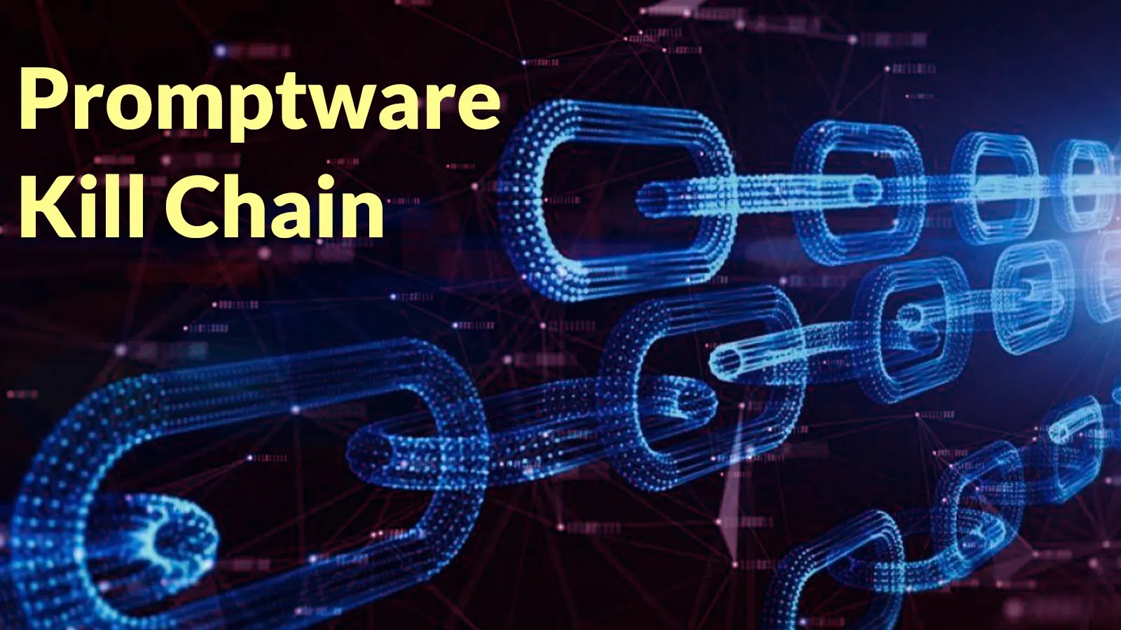 Digital illustration of interconnected blue chains on a dark background, with the words Promptware Kill Chain in bold yellow text on the left side.