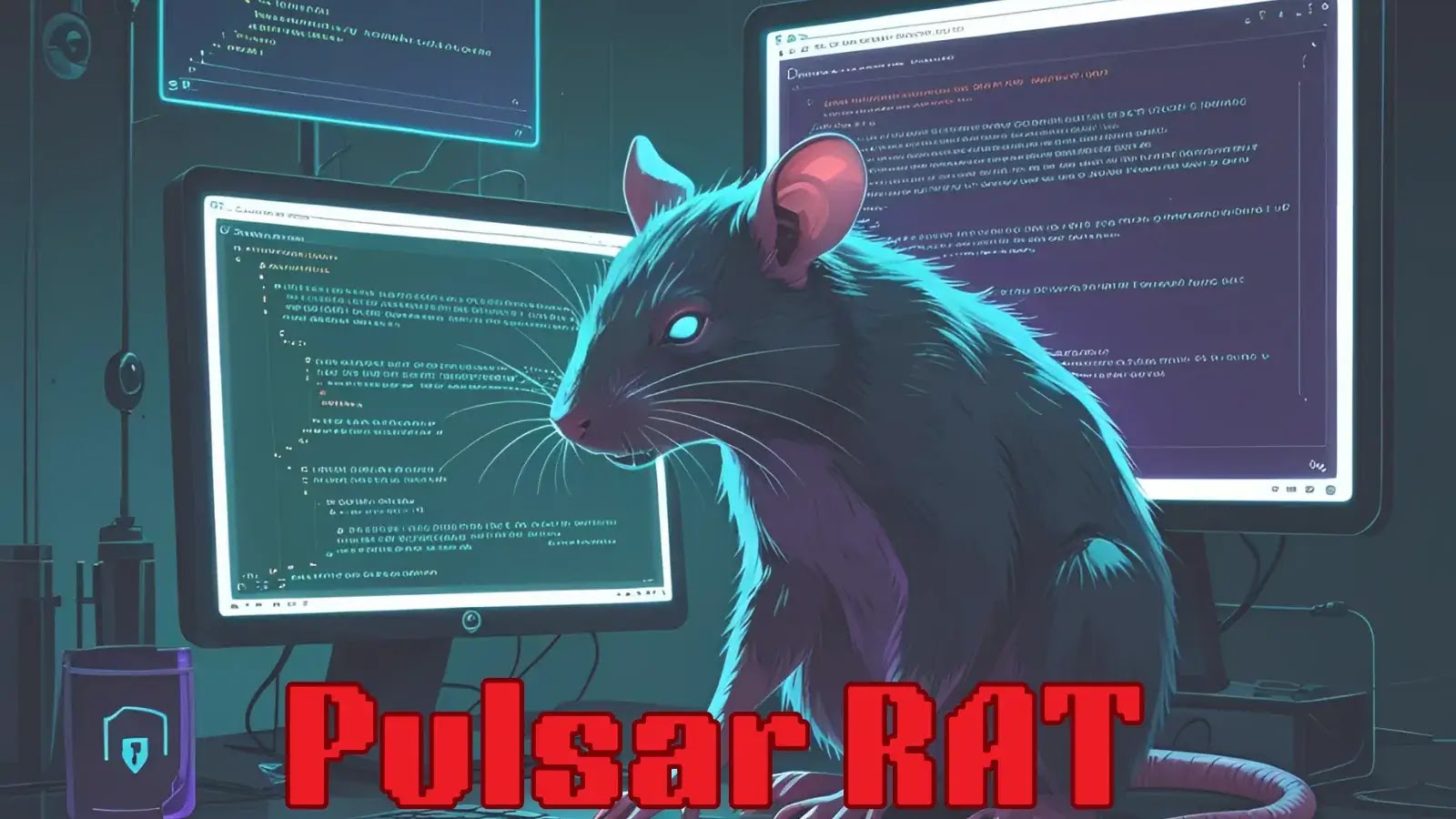 A large digital rat with glowing eyes sits in front of computer monitors displaying code. The words Pulsar RAT appear in bold red text at the bottom of the image. The scene suggests cybercrime or hacking.