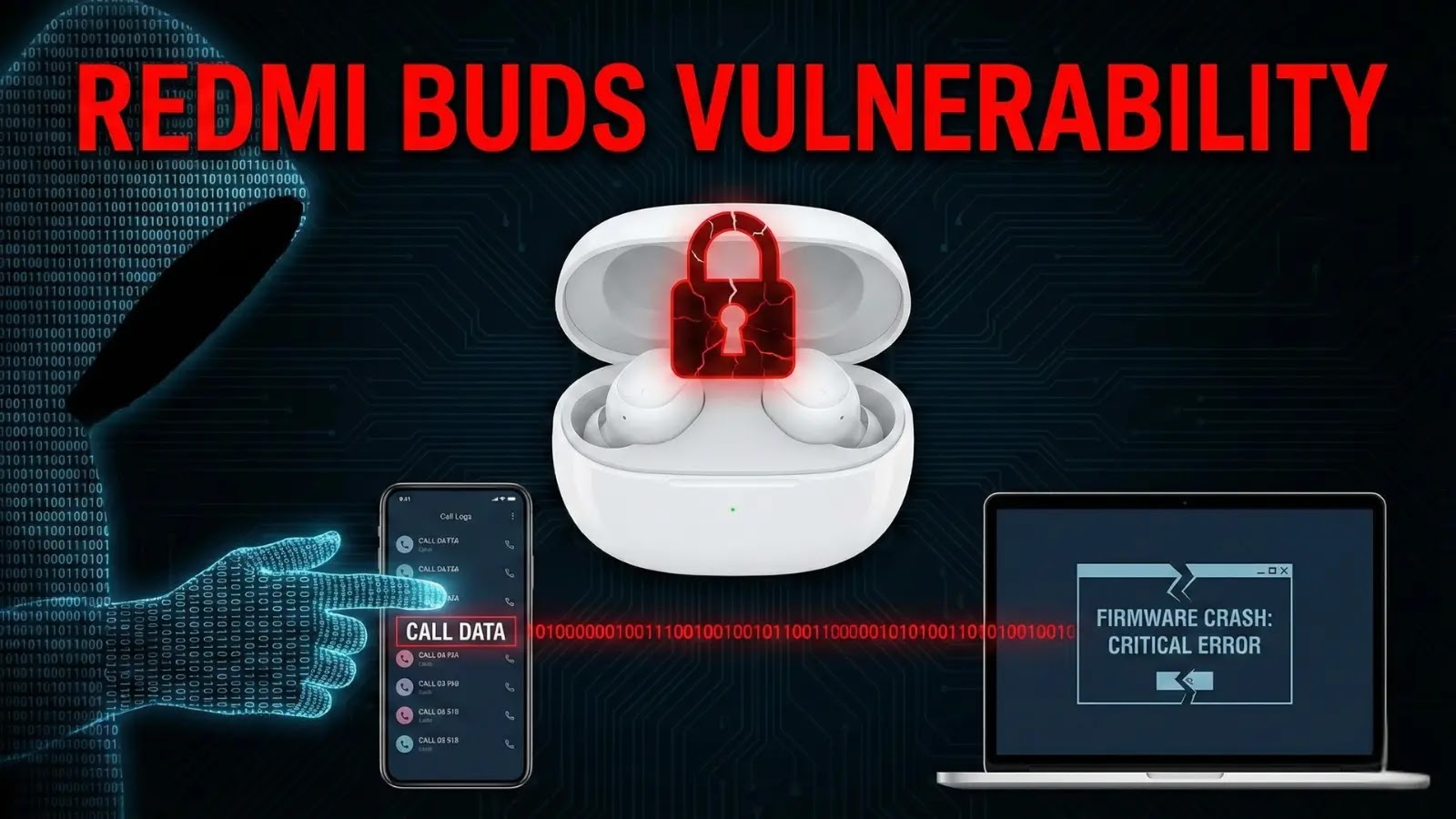 A graphic showing a hacker’s hand pointing at a smartphone with call data, Redmi Buds with a red lock symbol, and a laptop displaying “Firmware Crash: Critical Error,” with the title REDMI BUDS VULNERABILITY above.