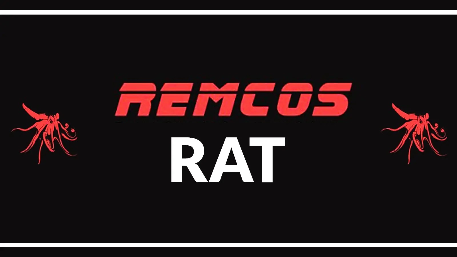 Black background with REMCOS in bold red letters above RAT in bold white letters. Red insect-like graphics appear on both sides of the image. White border frames the image.