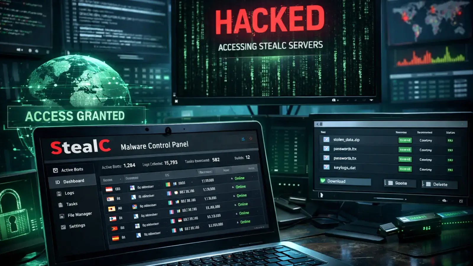 A dark room with multiple screens shows a red HACKED alert, a globe with ACCESS GRANTED, and a laptop displaying a malware control panel dashboard labeled StealC.