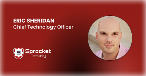 A red graphic with the Sprocket Security logo. Text reads Eric Sheridan, Chief Technology Officer. To the right is a circular portrait of a bald man in a light-colored shirt, smiling at the camera.