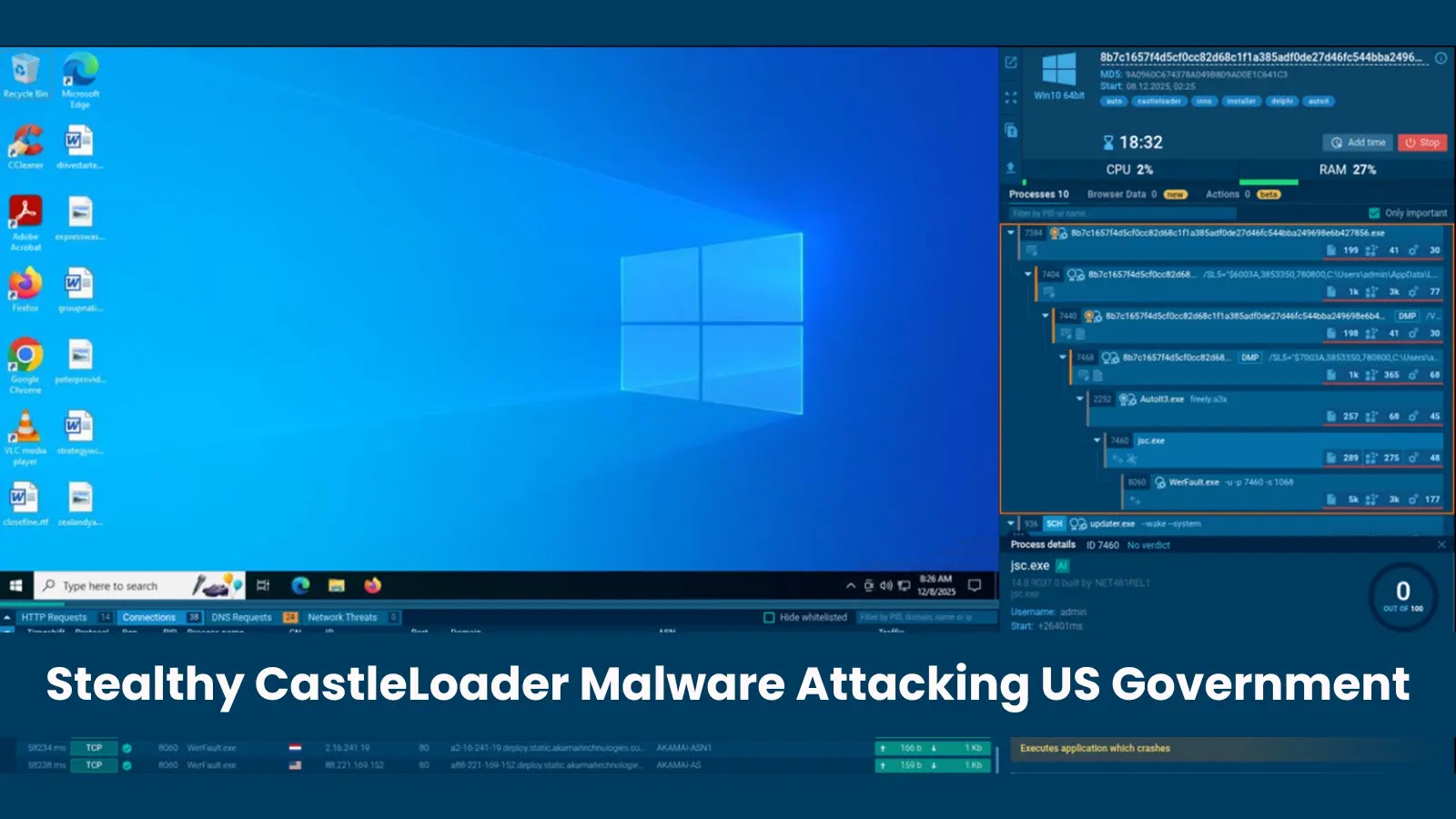 A Windows desktop screen is shown beside cybersecurity monitoring tools. Bold text at the bottom reads, Stealthy CastleLoader Malware Attacking US Government.