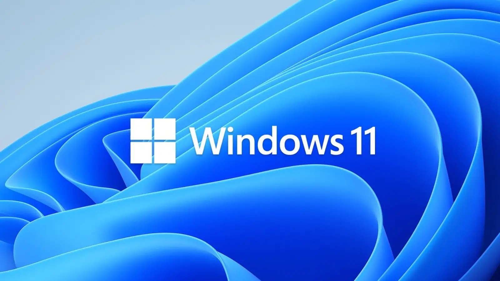 The Windows 11 logo and text appear over a swirling blue abstract background with soft, curved shapes.