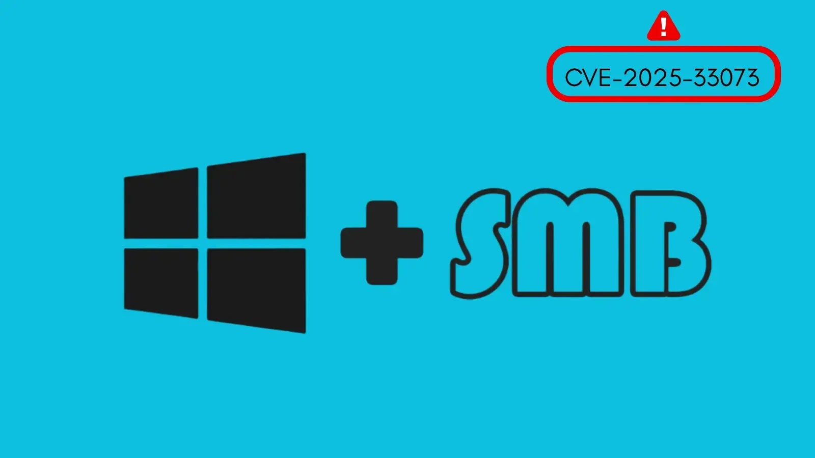 Black Windows logo and SMB text on a blue background, with a warning label in the top right corner stating CVE-2023-33673 and a red exclamation mark icon.
