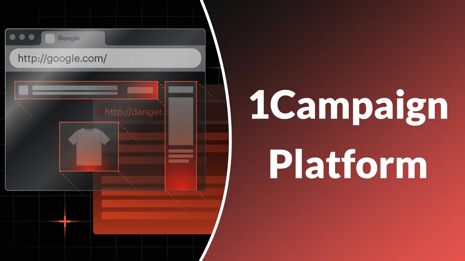 A graphic shows a web browser window with highlighted elements and the text 1Campaign Platform on a red and black gradient background.