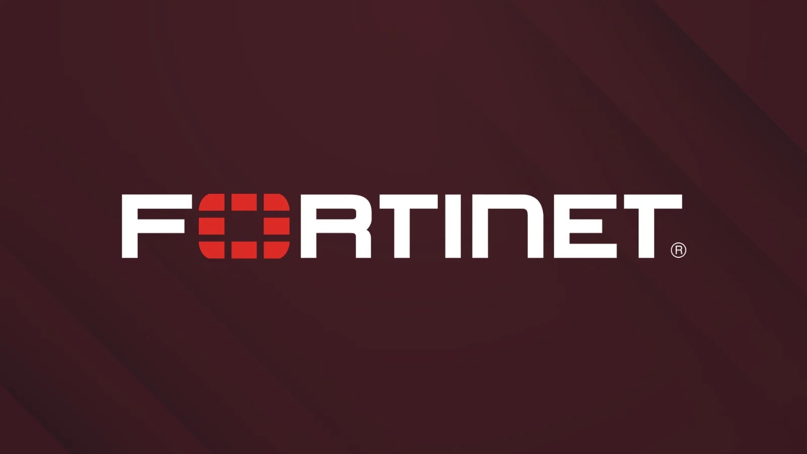 The Fortinet logo features the word Fortinet in bold white letters on a dark maroon background, with the letter O stylized as a red square grid.