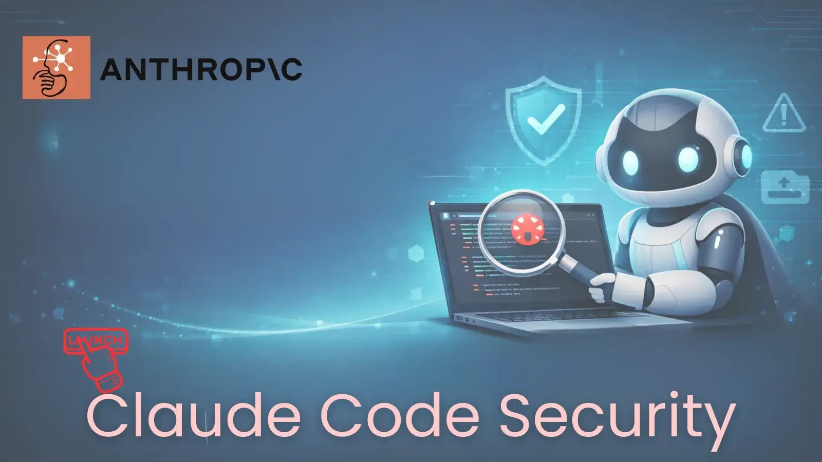 Anthropic Launches Claude Code Security to Scan codebases for security vulnerabilities (1) A friendly robot with a magnifying glass examines code on a laptop screen, with a shield and check mark in the background. The text reads ANTHROPIC and Claude Code Security.