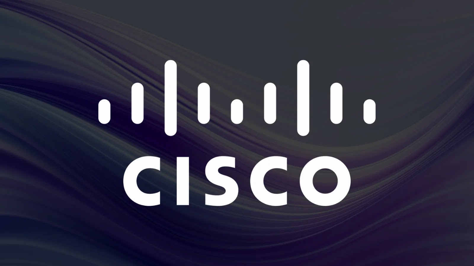 The image shows the Cisco logo with the word CISCO in bold white letters below a series of vertical bars, set against a dark, wavy background.