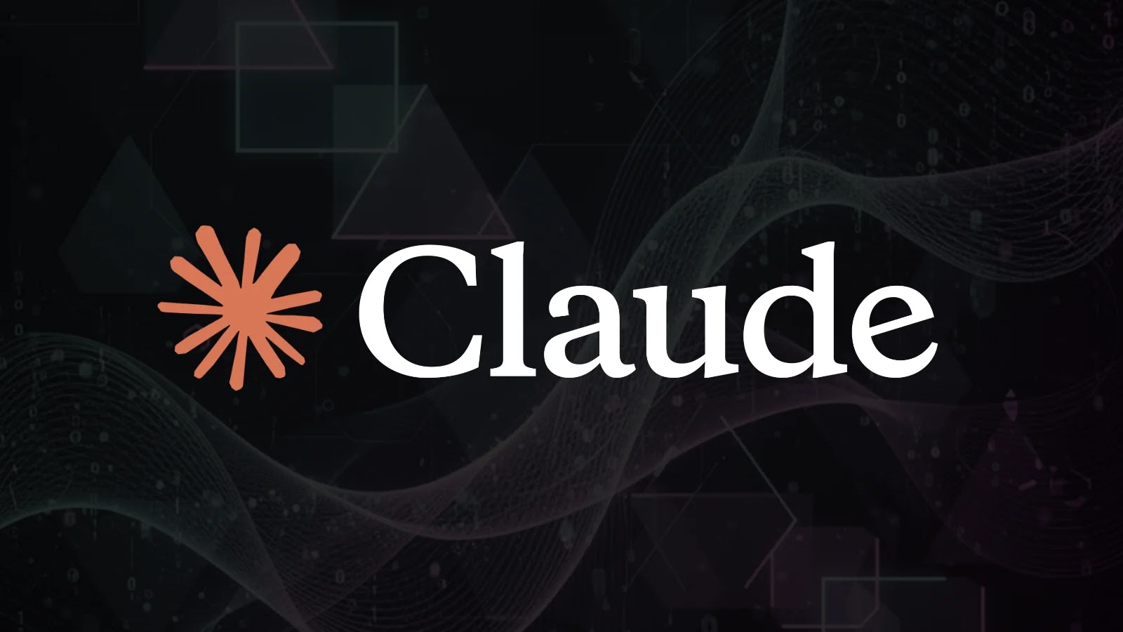The image displays the word Claude in white text next to an orange asterisk-like symbol, set against a dark background with geometric shapes and abstract wave patterns.
