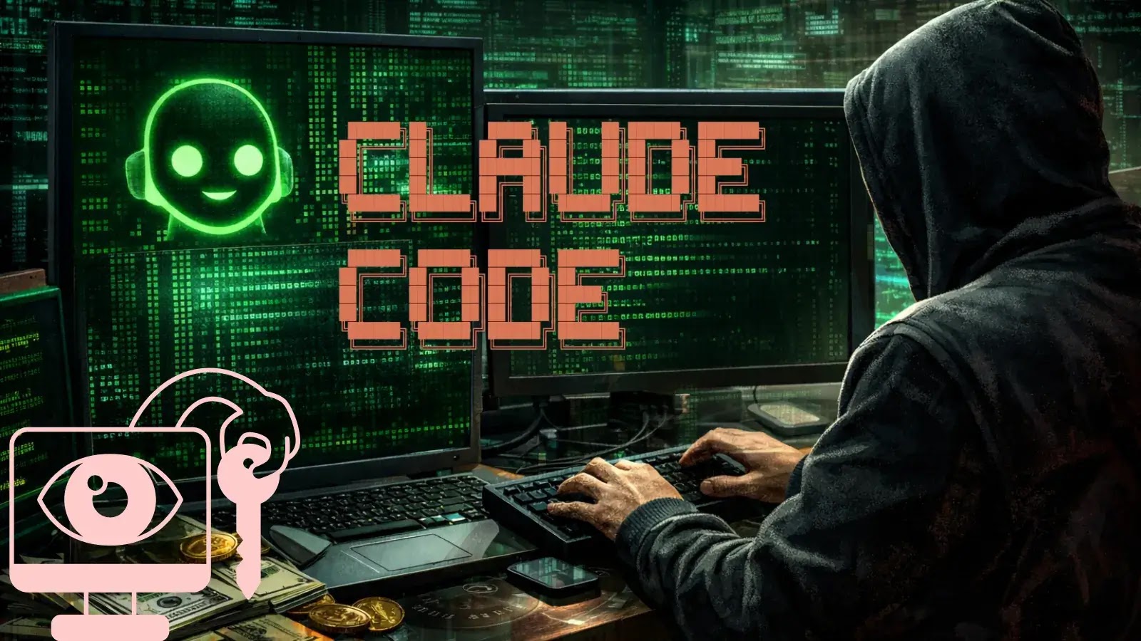 A person in a hoodie types on a computer in a dark room with green code on screens. The words CLAUDE CODE and a robot face icon are displayed on the monitors, with coins and a phone on the desk.