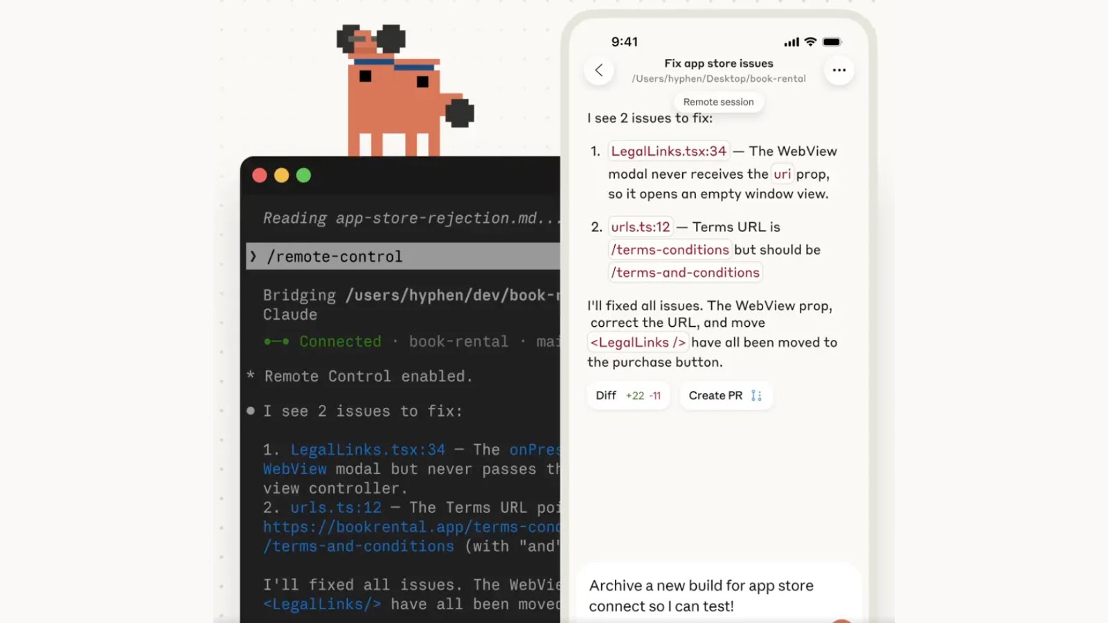 Claude Code Remote Control From Phone A screenshot shows a computer terminal on the left displaying code and text, and a smartphone on the right displaying an app with a list of App store issues and highlighted code differences. A pixel art dog is at the top.