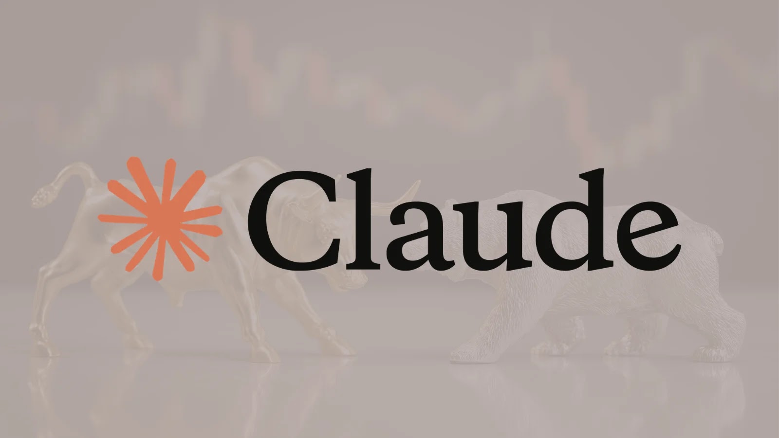 The image shows the word Claude with an orange burst logo on the left. In the background, there are faint gold bull and bear figurines with a blurred stock chart.