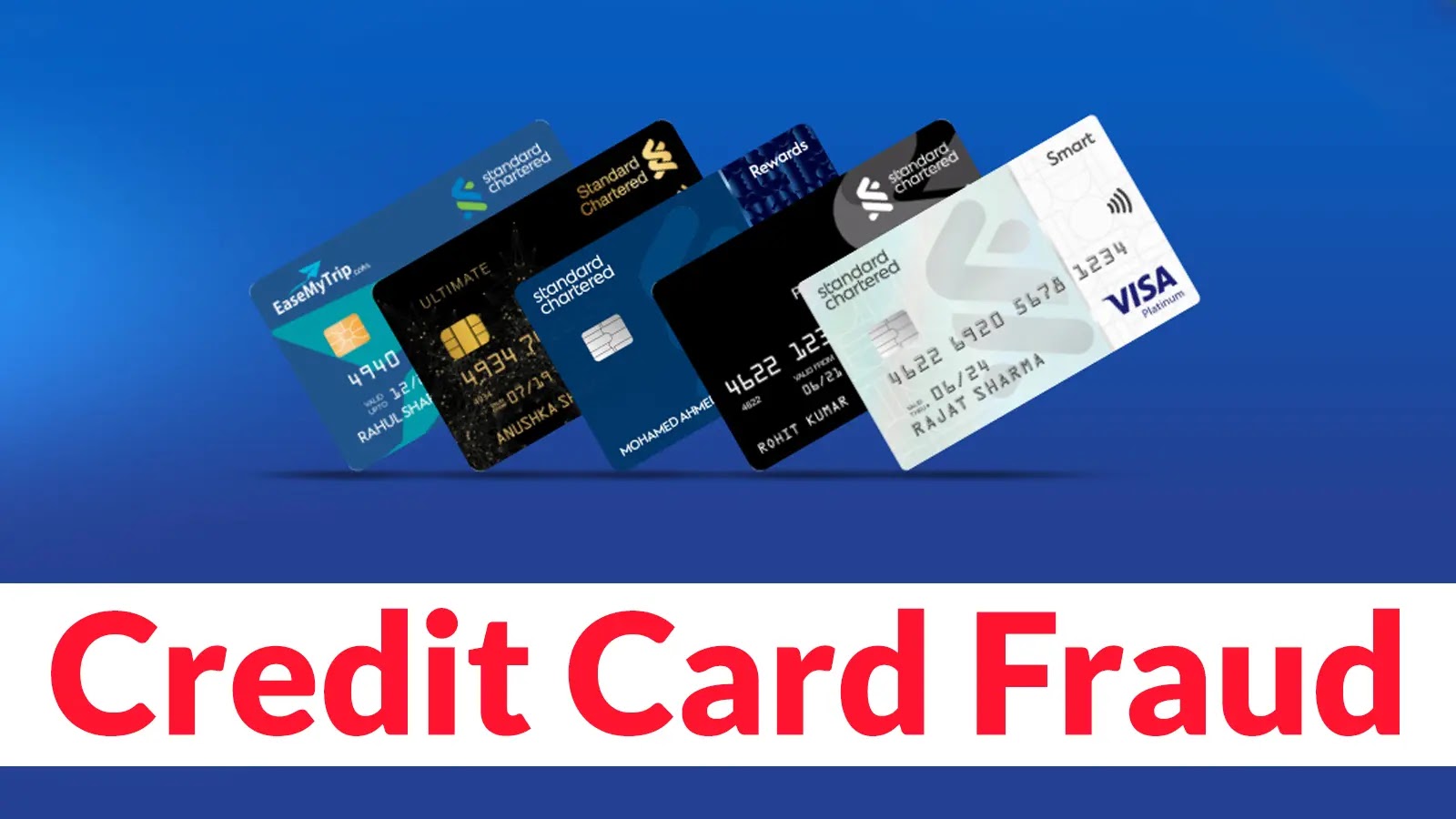A row of various credit cards on a blue background with the words “Credit Card Fraud” in bold red and white text below.