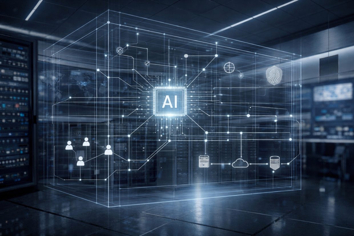 A glowing cube labeled AI displays digital circuit lines and technology icons, representing artificial intelligence, in a modern server room with computer racks in the background.