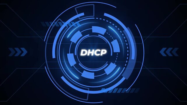 A digital graphic with blue circular, futuristic elements and the acronym DHCP in the center, set against a dark background with geometric accents.