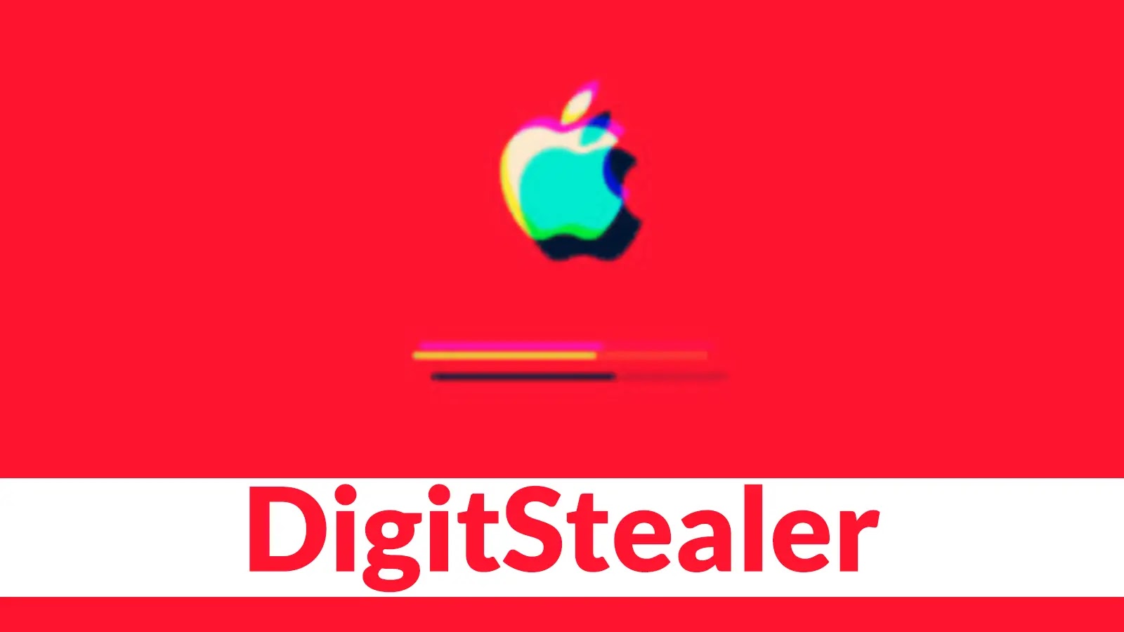 A blurred Apple logo above a distorted loading bar on a red background, with the word DigitStealer in bold white text at the bottom.