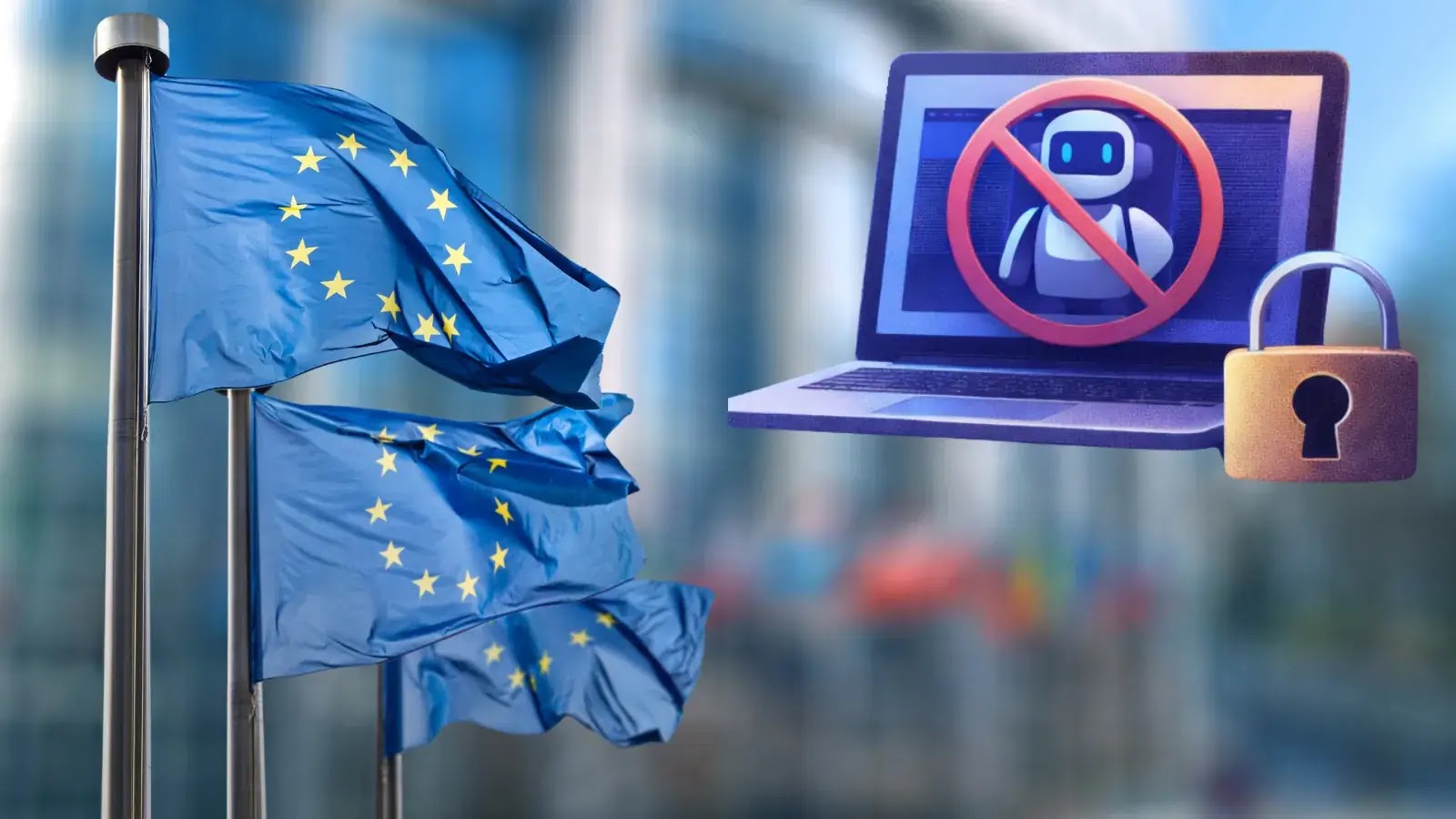 EU Parliament Blocks AI features on corporate devices over cybersecurity Concerns (1) Three European Union flags wave in the foreground. In the background, a graphic shows a laptop with a robot icon crossed out and a padlock symbol, suggesting internet or AI regulation.