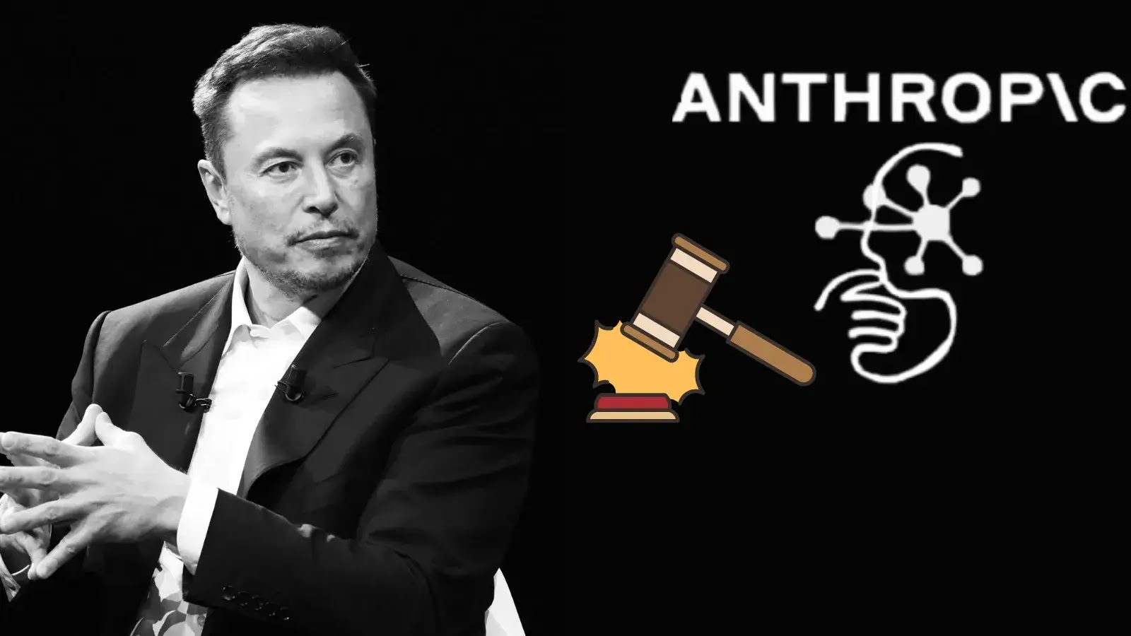 Elon Musk accuses Anthropic of Stealing Data in a Massive Scale (1) A man in a suit sits against a black background. Next to him are the Anthropic logo, a gavel striking a block, and a stylized robot face.