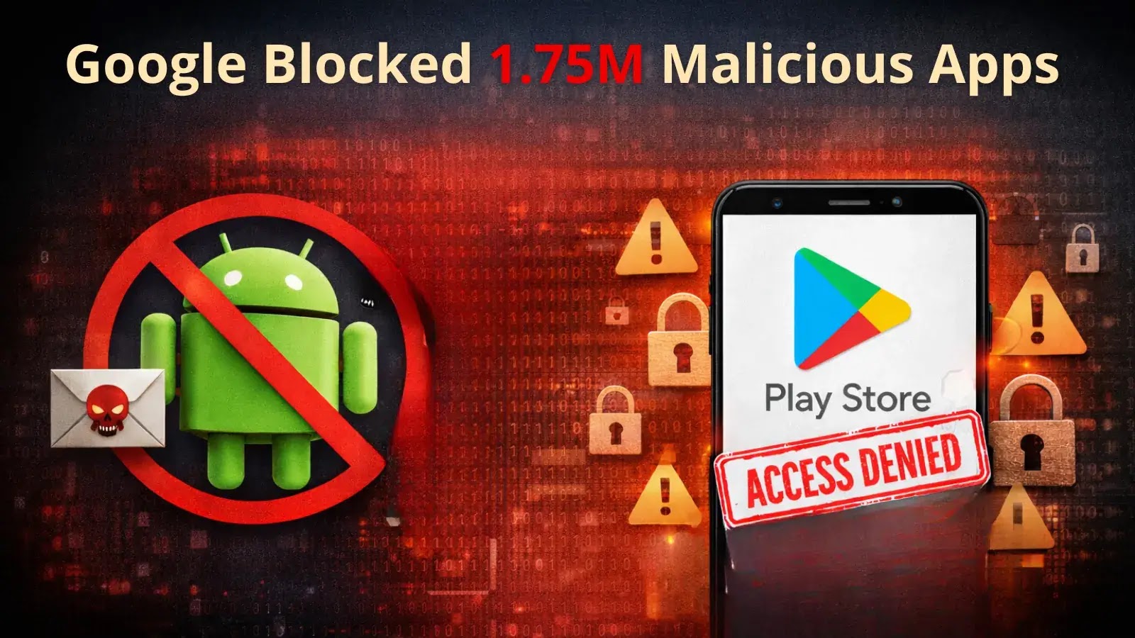 A graphic showing an Android logo with a prohibition symbol, warning icons, a smartphone displaying the Play Store logo, and a red Access Denied stamp, with text reading Google Blocked 1.75M Malicious Apps.
