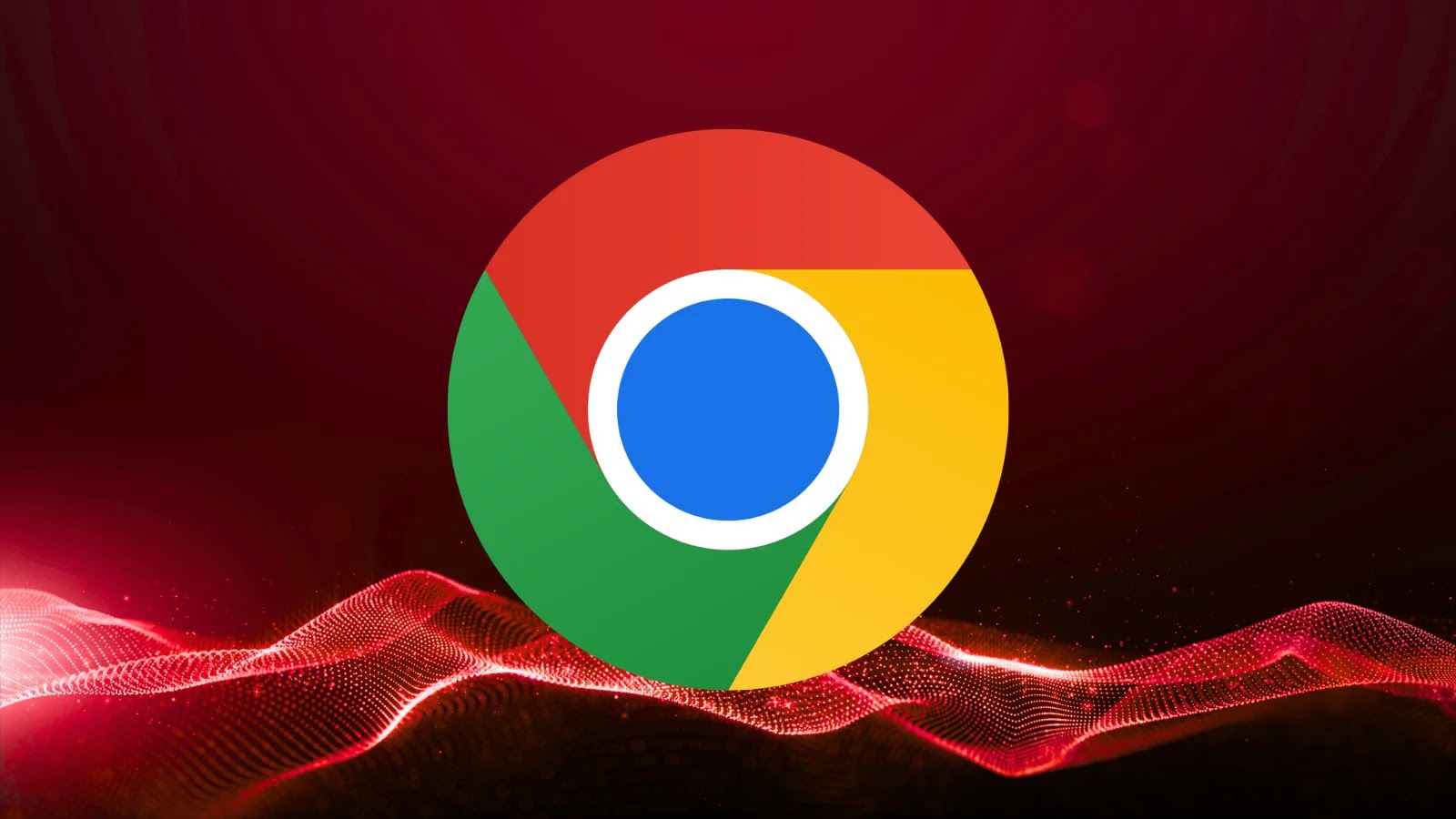 The Google Chrome browser logo, a circle divided into green, red, yellow, and blue sections, is centered on a dark red background with a glowing red wave pattern along the bottom.