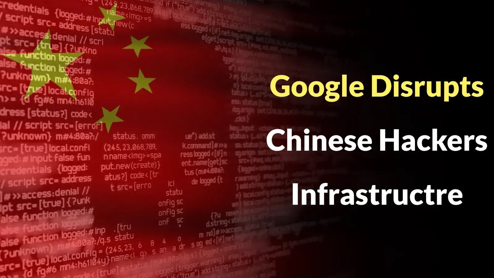 Google Disrupts Chinese Hackers Infrastructre which Breached 53 Telecom and Government Entities A digital image of the Chinese flag overlaid with computer code. The text reads: Google Disrupts Chinese Hackers Infrastructure.