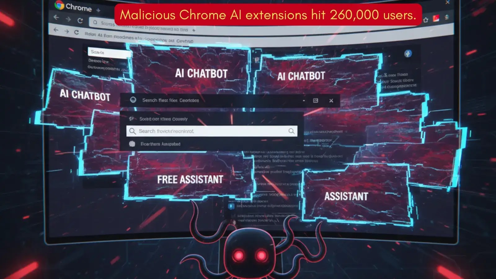 Malicious Chrome AI Extensions Attacking 260,000 Users via injected iframes (1) A Chrome browser window is surrounded by glowing panels labeled AI Chatbot, Assistant, and Free Assistant. A dark octopus icon is at the bottom. A red banner reads, Malicious Chrome AI extensions hit 260,000 users.