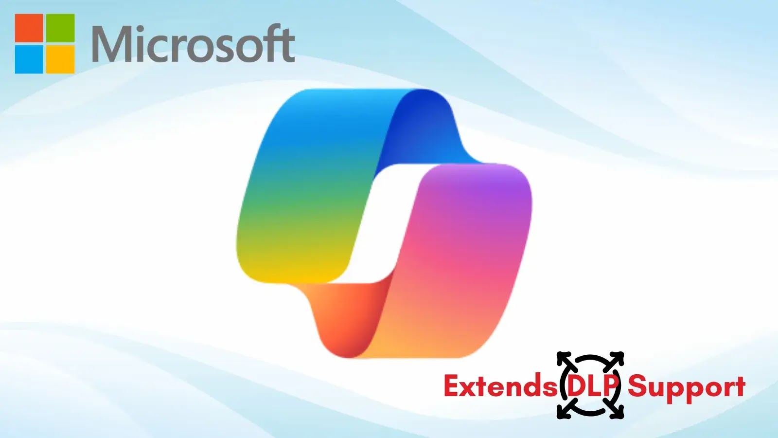Microsoft logo above the Microsoft Loop logo on a light blue background, with the text Extends DLP Support in red and black at the bottom right.
