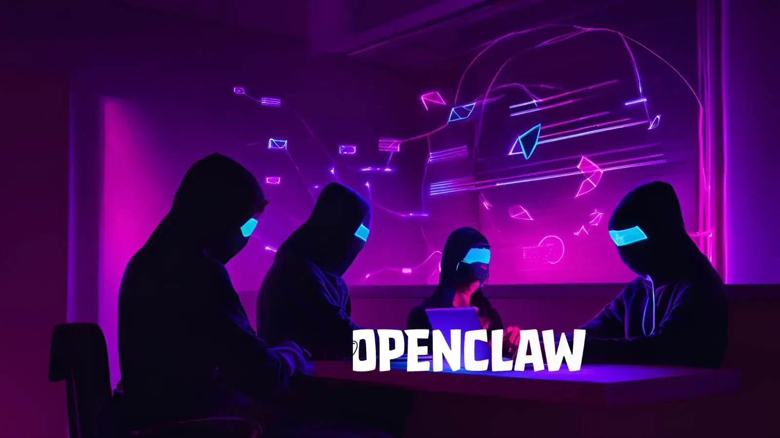 Four hooded figures with glowing eyes sit around a table in a dark, neon-lit room. Digital envelopes and lines float in the background. The word OPENCLAW appears in bold letters at the bottom.