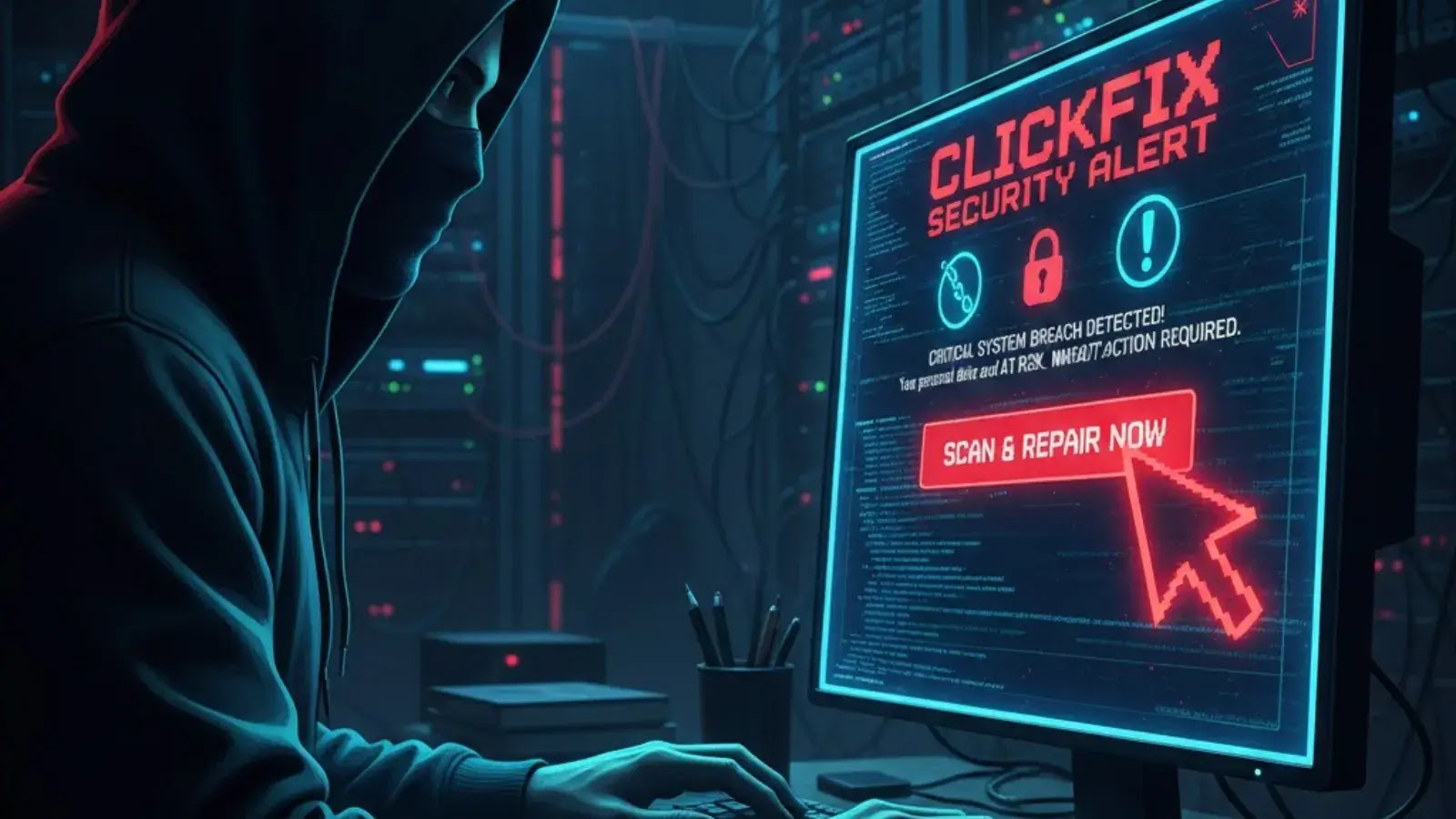 A person in a hoodie sits at a desk in a server room, facing a monitor displaying a red security alert that says CLICKFIX SECURITY ALERT and a large SCAN & REPAIR NOW button.