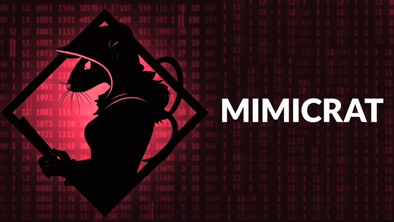 A stylized black silhouette of a rat wearing a hat is inside a diamond shape on a red digital background with binary numbers. The word MIMICRAT is displayed in bold white letters to the right.