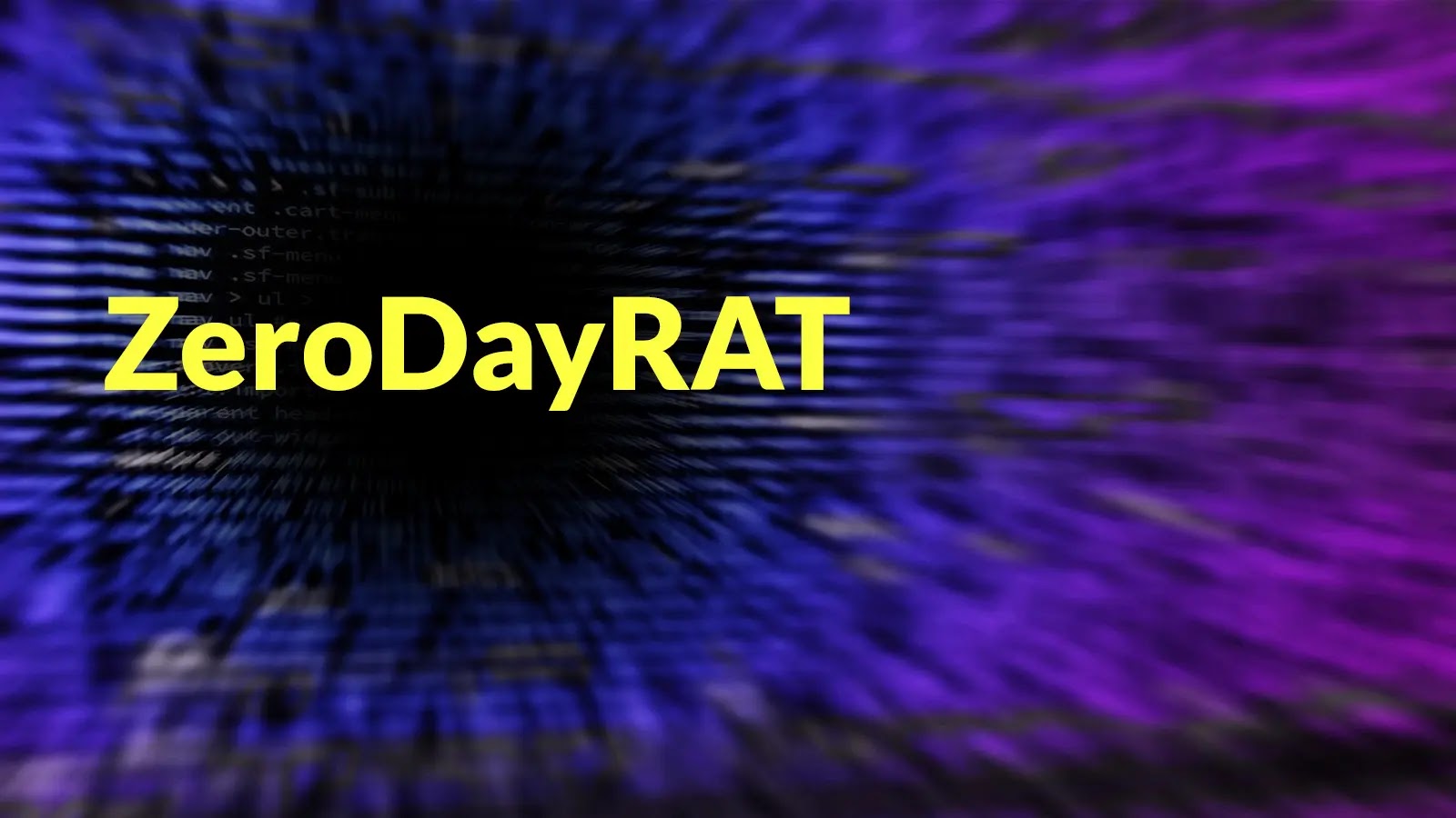Yellow text ZeroDayRAT appears in the center of a blurred blue and purple background, creating a tunnel-like effect that draws focus to the words.